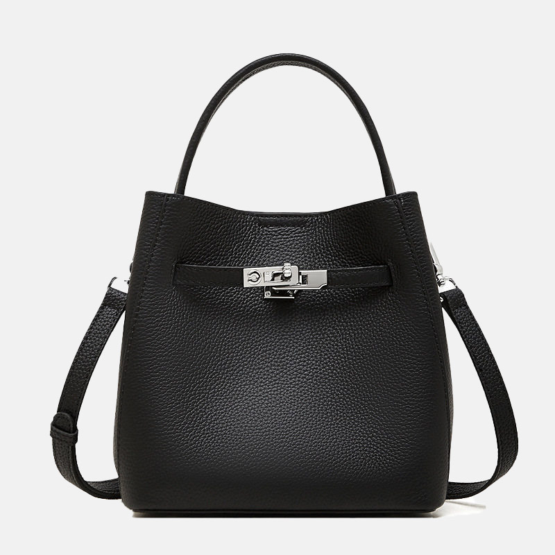 Women's Vintage Full-Grain Leather Turn Lock Bucket Bag with Crossbody Strap