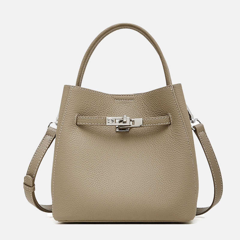 Women's Vintage Full-Grain Leather Turn Lock Bucket Bag with Crossbody Strap