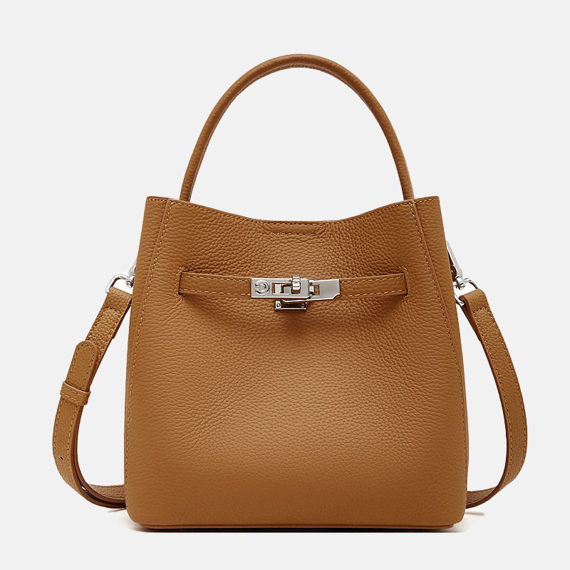 Women's Vintage Full-Grain Leather Turn Lock Bucket Bag with Crossbody Strap