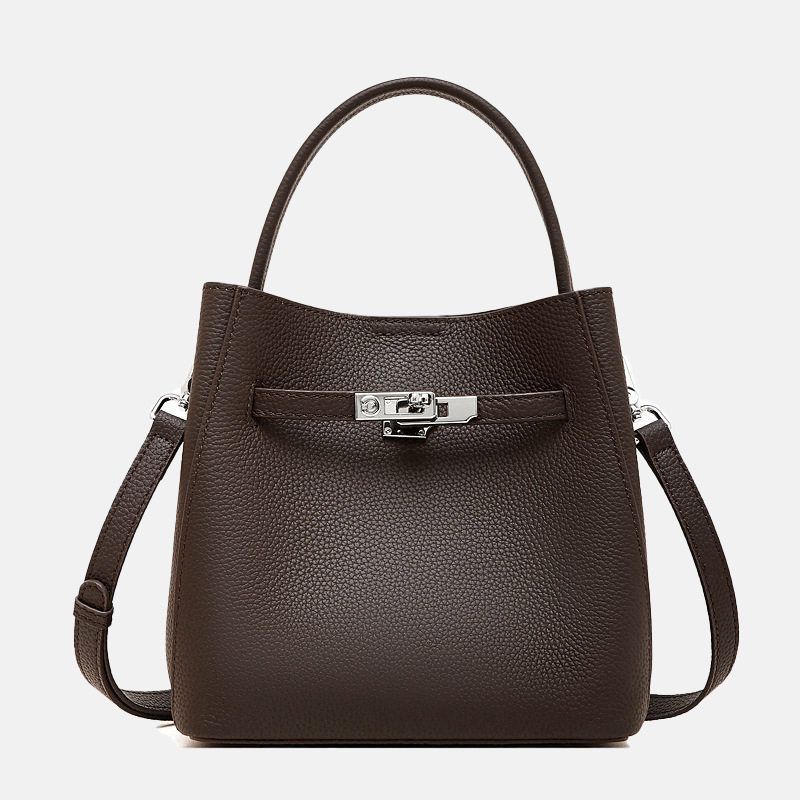 Women's Vintage Full-Grain Leather Turn Lock Bucket Bag with Crossbody Strap