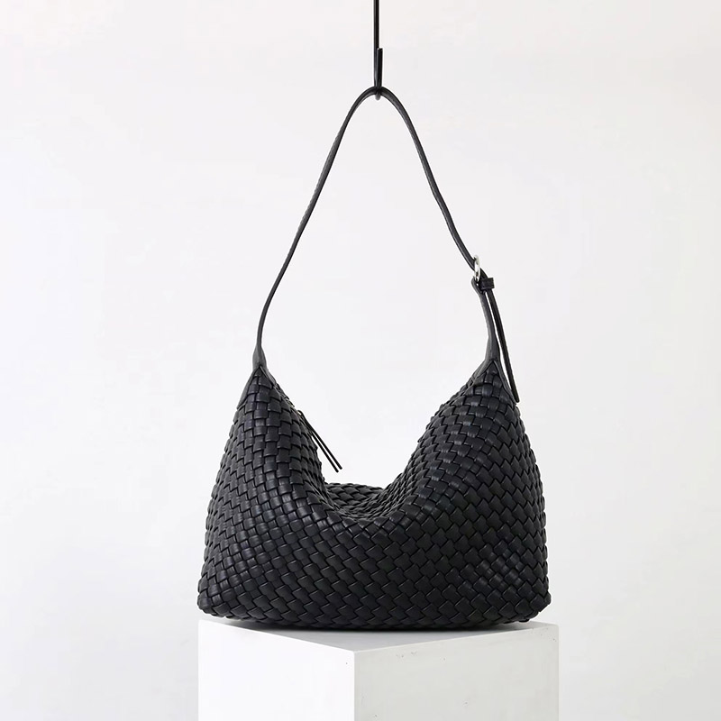 Sac hobo à bandoulière en cuir de vache tissé avec fermeture à glissière pour femmes
