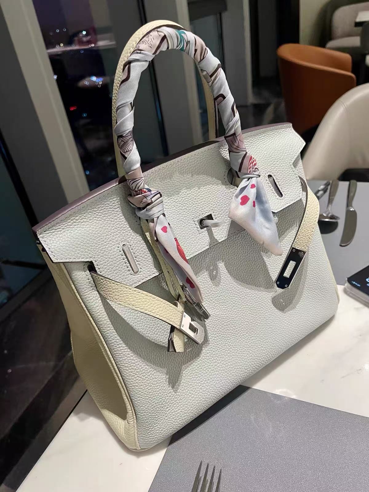 Women's Light Blue Full-Grain Leather Color-Block Top Handle Bag with Silver Hardware photo review