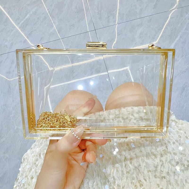 Women's Acrylic Clear Box Chain Clutch Bag Stadium Approved