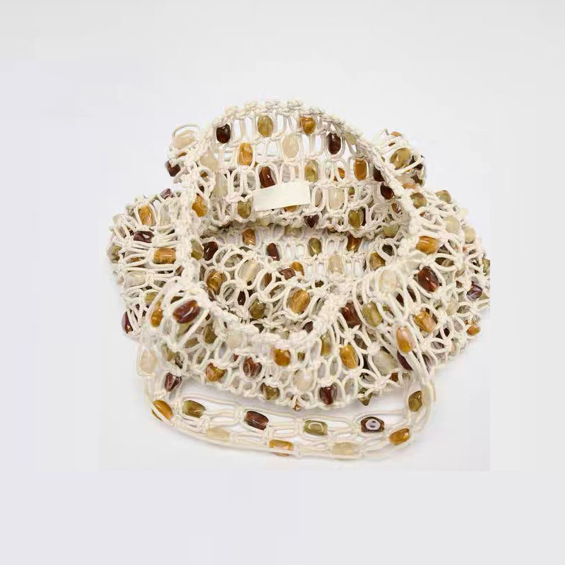 Sac de plage beige en coton tissé avec corde creuse et perles en bois pour femmes