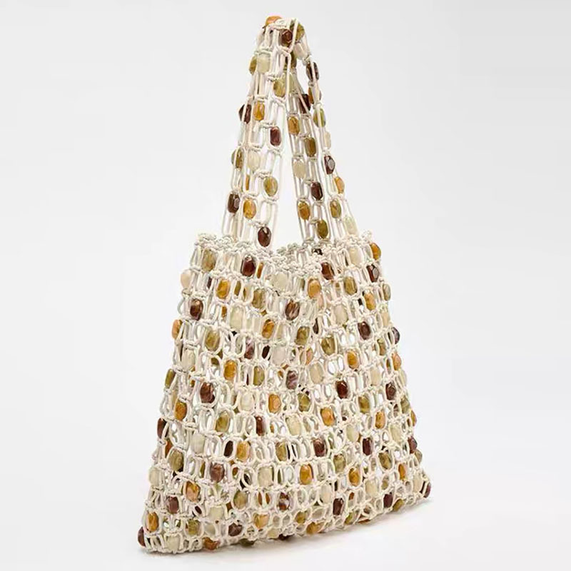 Sac de plage beige en coton tissé avec corde creuse et perles en bois pour femmes