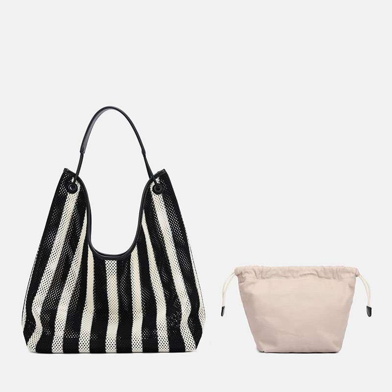 Sac hobo en tissu tissé rayé noir et blanc pour femmes