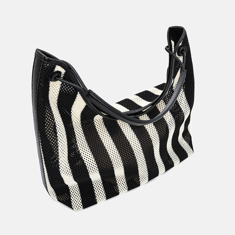 Sac hobo en tissu tissé rayé noir et blanc pour femmes