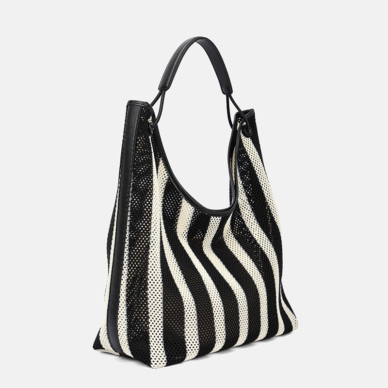 Sac hobo en tissu tissé rayé noir et blanc pour femmes