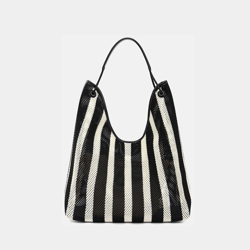 Women's Black-White Striped Woven Fabric Shoulder Hobo Bag