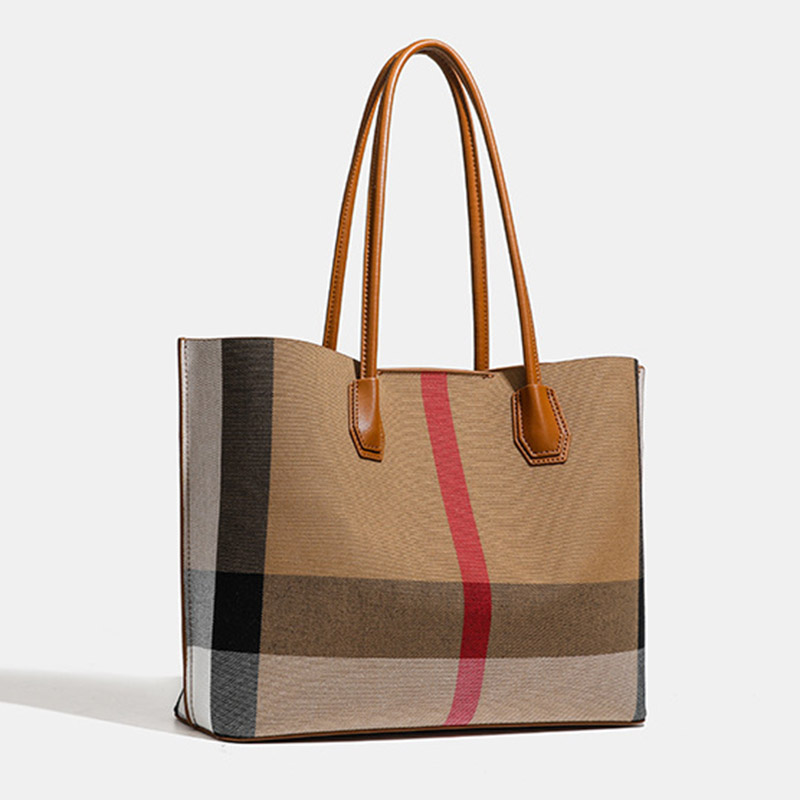 Women's Brown Plaid Fabric Shoulder Tote Bag with Magnetic Closure