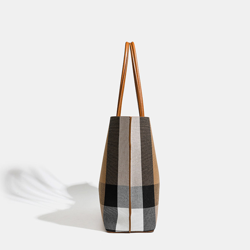 Women's Brown Plaid Fabric Shoulder Tote Bag with Magnetic Closure