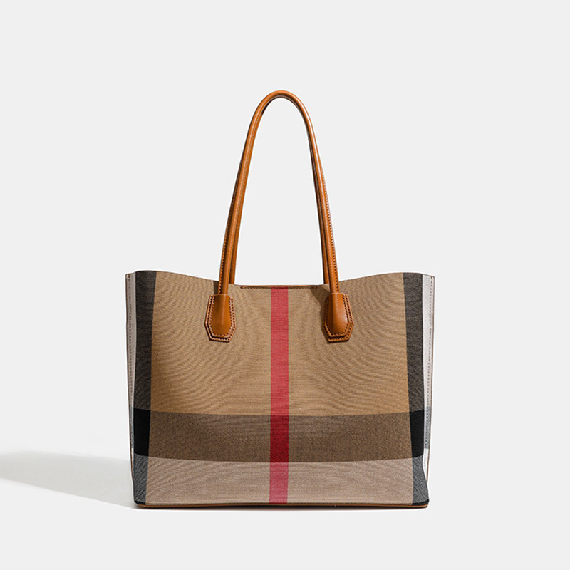 Women's Brown Plaid Fabric Shoulder Tote Bag with Magnetic Closure