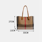 Women's Brown Plaid Fabric Shoulder Tote Bag with Magnetic Closure