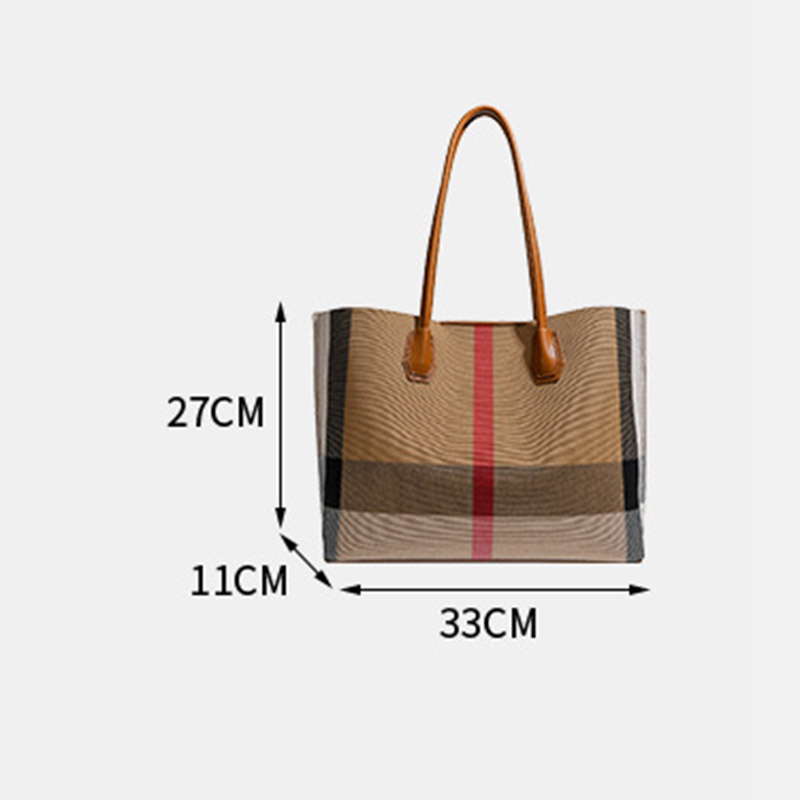 Women's Brown Plaid Fabric Shoulder Tote Bag with Magnetic Closure