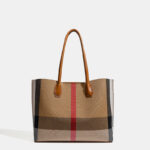 Women's Brown Plaid Fabric Shoulder Tote Bag with Magnetic Closure