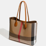 Women's Brown Plaid Fabric Shoulder Tote Bag with Magnetic Closure