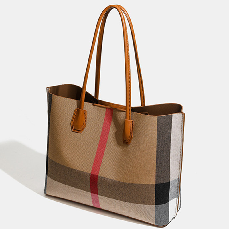 Women's Brown Plaid Fabric Shoulder Tote Bag with Magnetic Closure