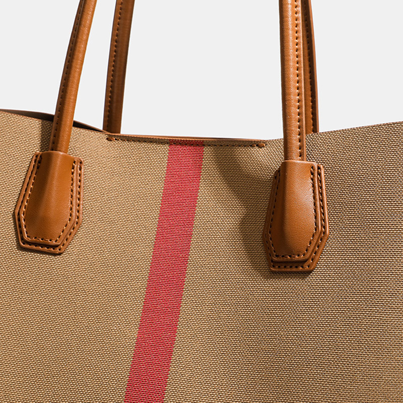 Women's Brown Plaid Fabric Shoulder Tote Bag with Magnetic Closure