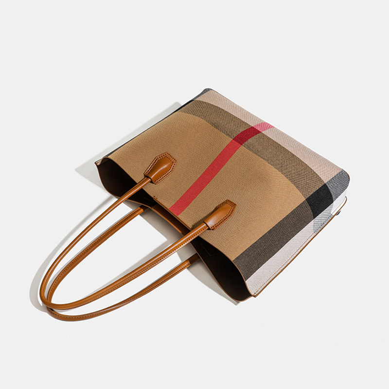Women's Brown Plaid Fabric Shoulder Tote Bag with Magnetic Closure