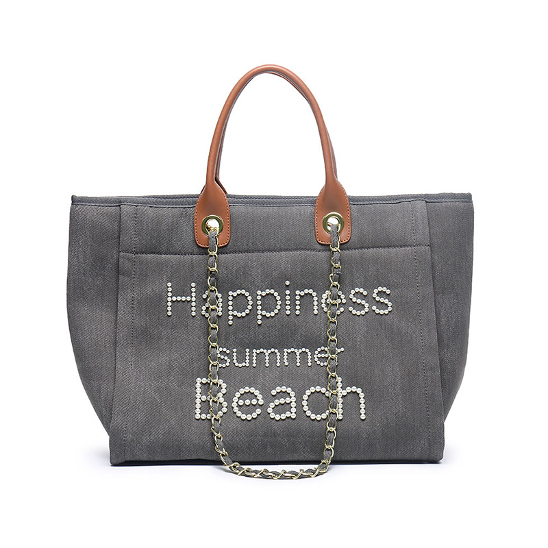 Women's Beige Canvas Pearls Large Beach Tote