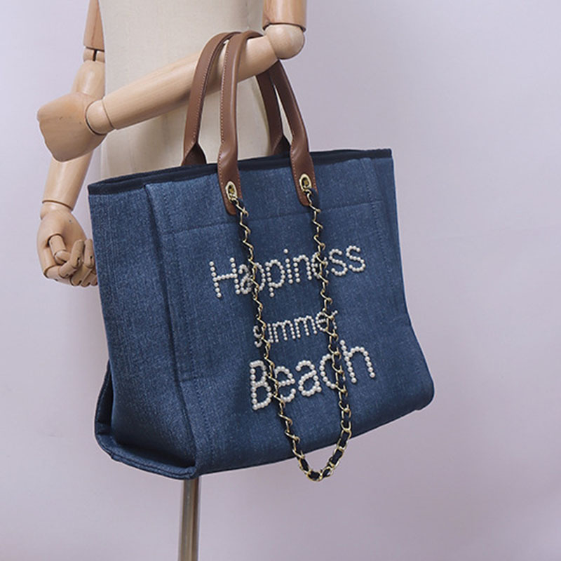 Women's Beige Canvas Pearls Large Beach Tote