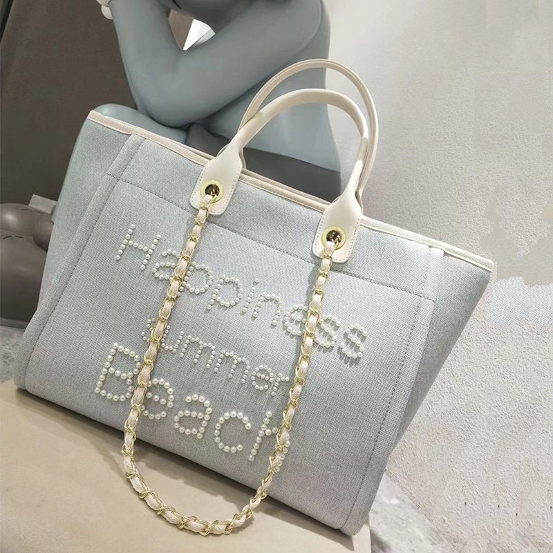Women's Beige Canvas Pearls Large Beach Tote