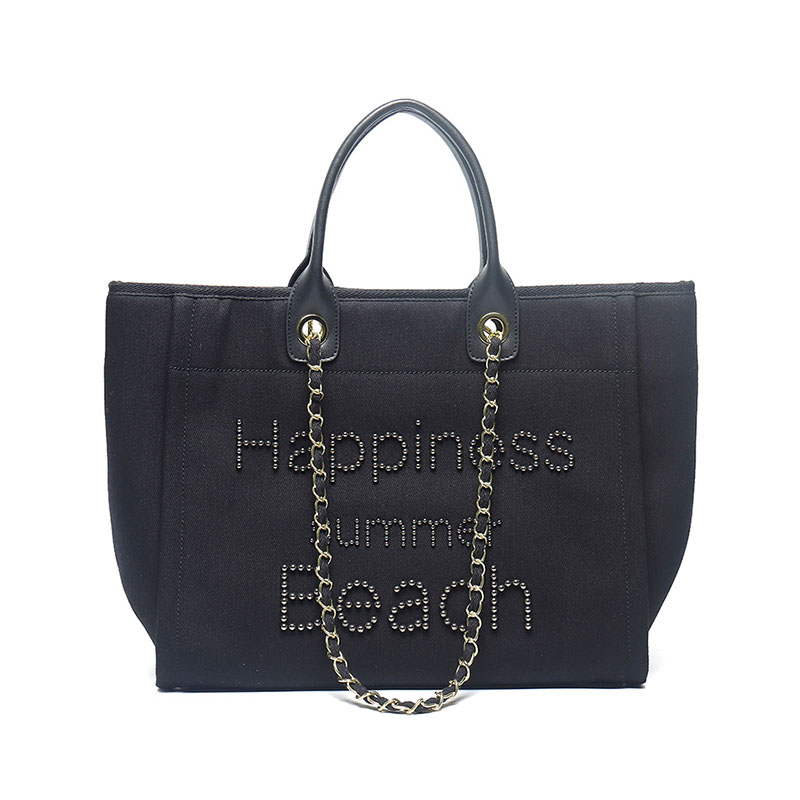Women's Beige Canvas Pearls Large Beach Tote