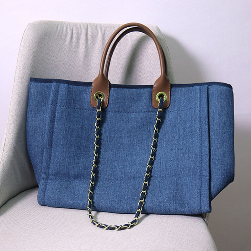 Women's Beige Canvas Pearls Large Beach Tote