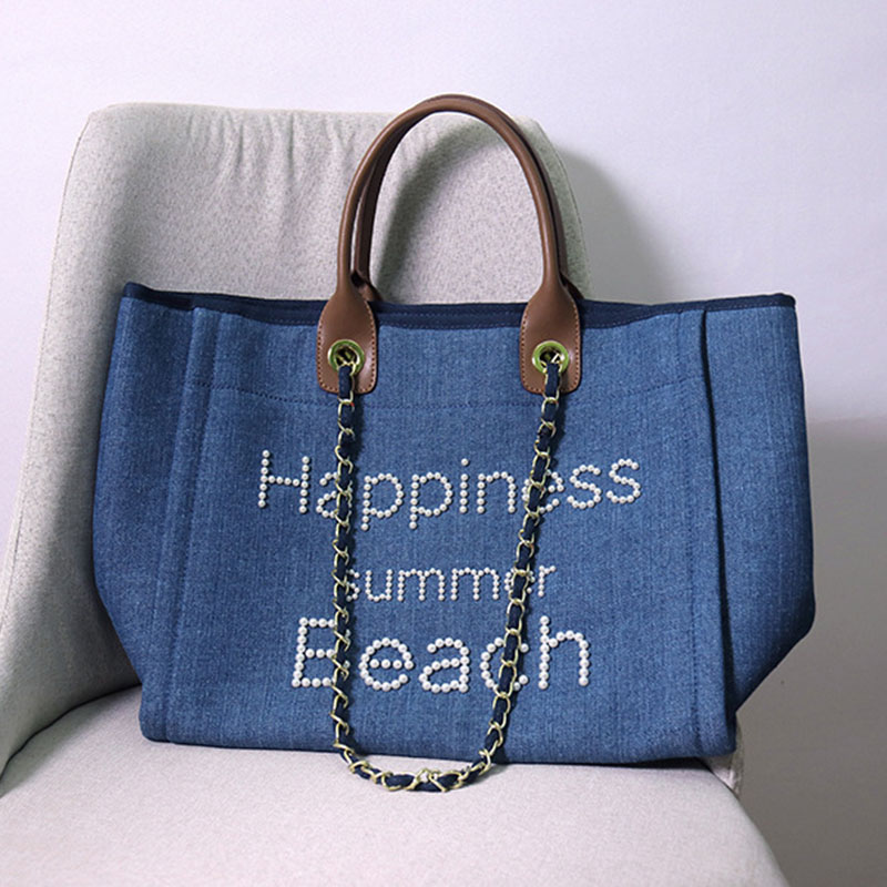Women's Beige Canvas Pearls Large Beach Tote