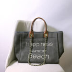 Women's Beige Canvas Pearls Large Beach Tote