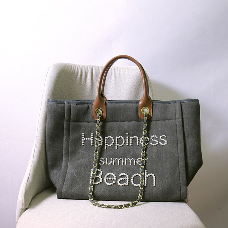 Women's Beige Canvas Pearls Large Beach Tote