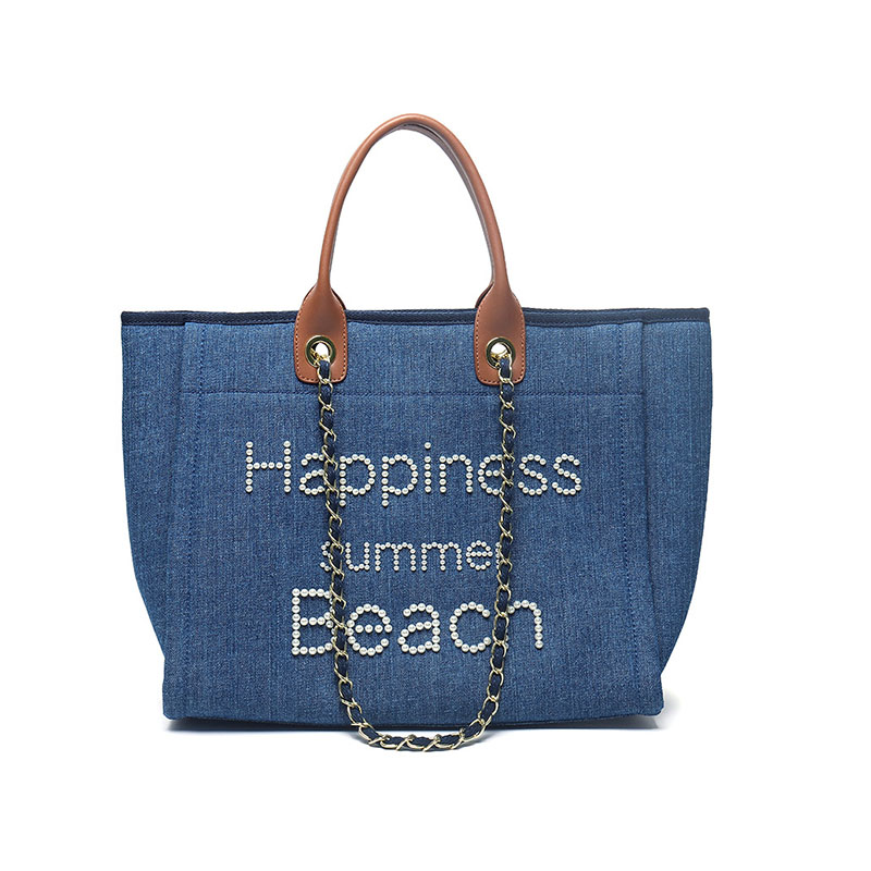 Women's Beige Canvas Pearls Large Beach Tote