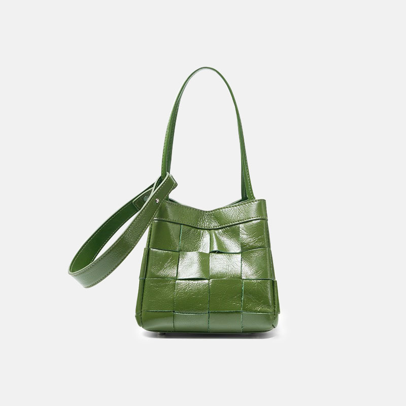 Women's Cracked Oil Wax Full-Grain Leather Crossbody Shoulder Woven Bucket Handbag