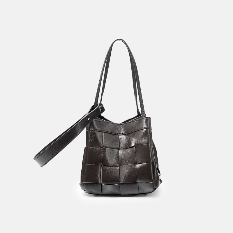 Women's Cracked Oil Wax Full-Grain Leder Crossbody Schulter Woven Bucket Handtasche