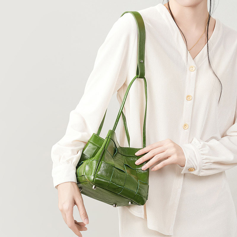 Women's Cracked Oil Wax Full-Grain Leder Crossbody Schulter Woven Bucket Handtasche