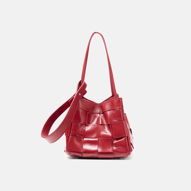 Women's Cracked Oil Wax Full-Grain Leder Crossbody Schulter Woven Bucket Handtasche
