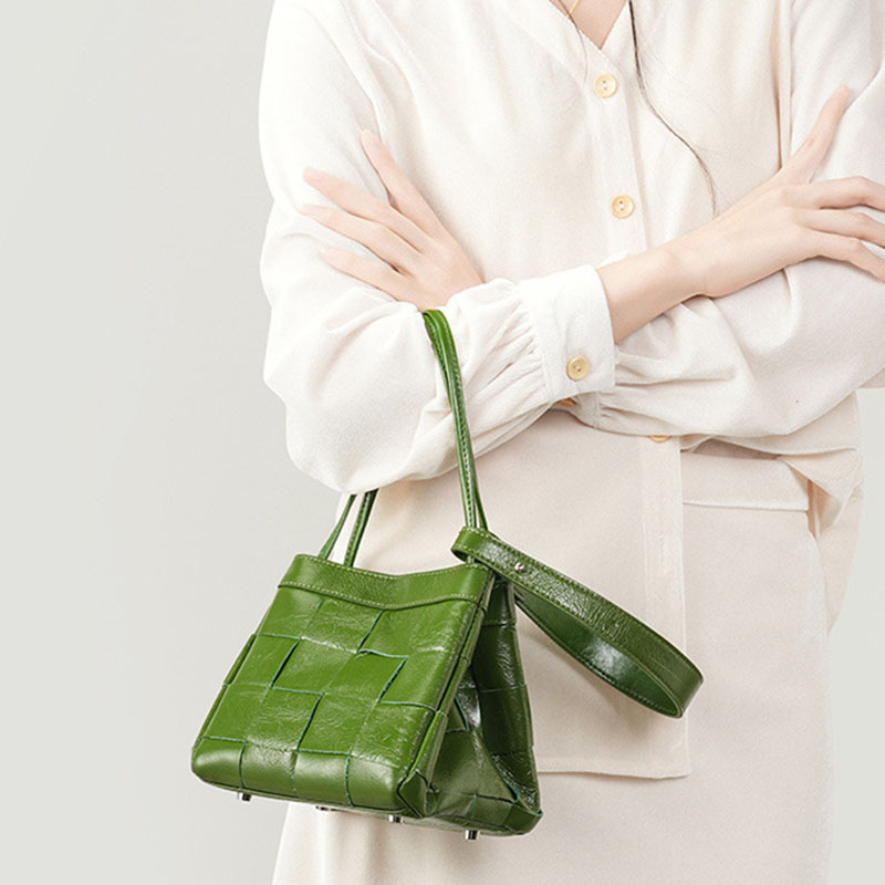 Women's Cracked Oil Wax Full-Grain Leder Crossbody Schulter Woven Bucket Handtasche