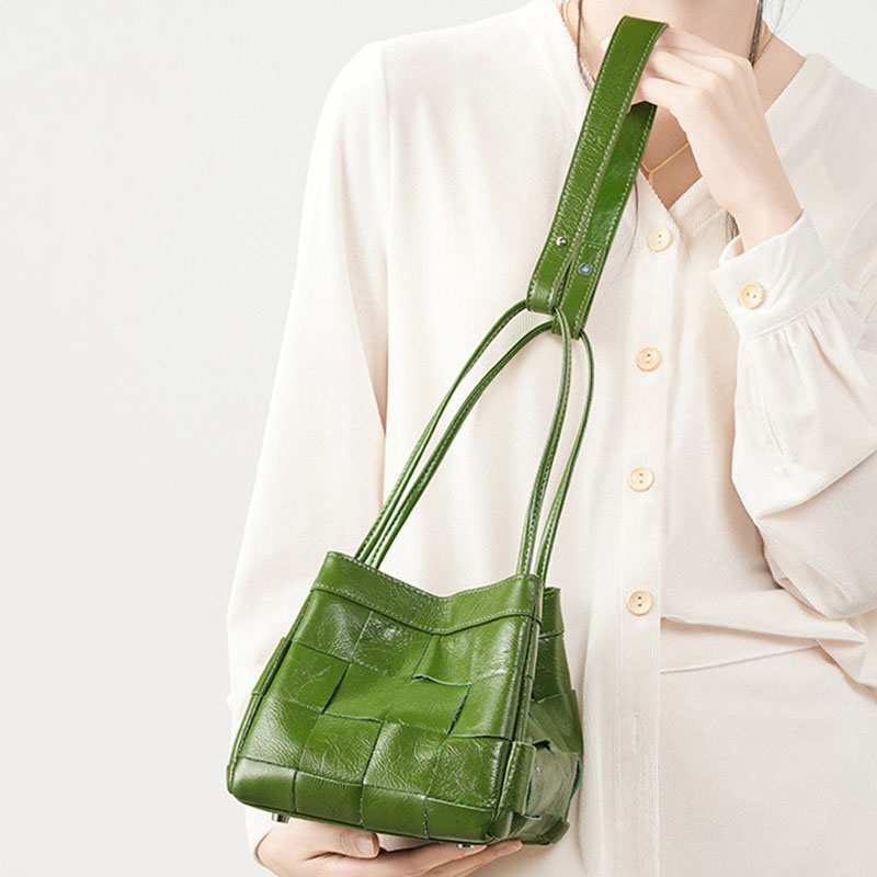 Women's Cracked Oil Wax Full-Grain Leder Crossbody Schulter Woven Bucket Handtasche