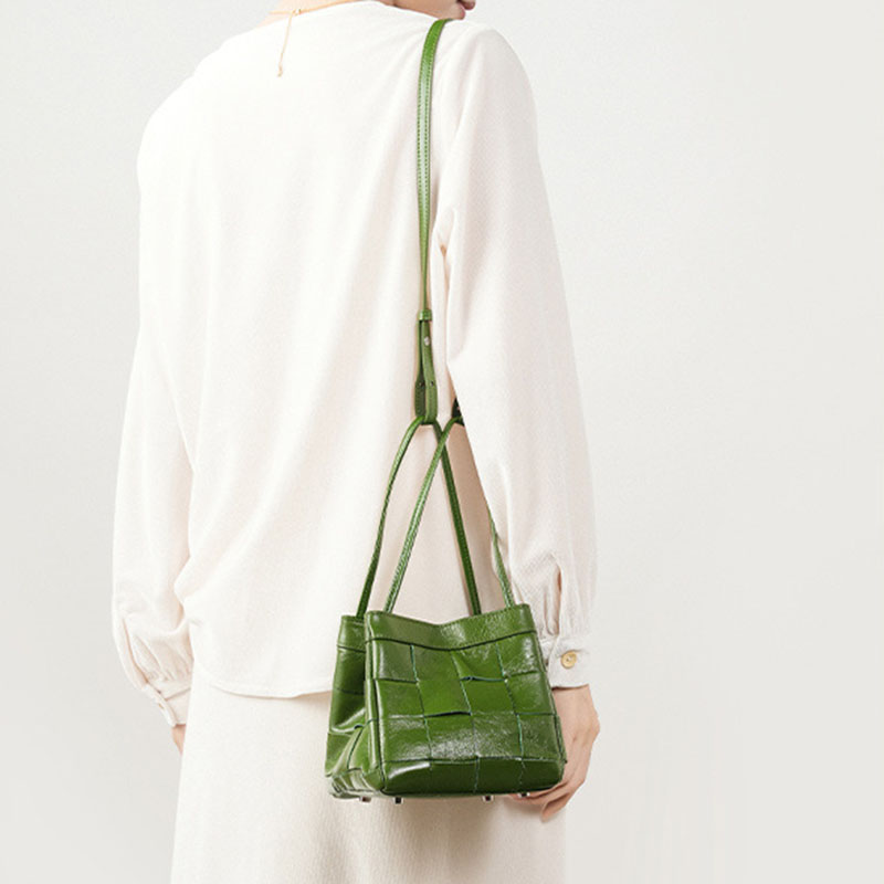 Women's Cracked Oil Wax Full-Grain Leder Crossbody Schulter Woven Bucket Handtasche