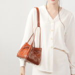 Women's Cracked Oil Wax Full-Grain Leder Crossbody Schulter Woven Bucket Handtasche