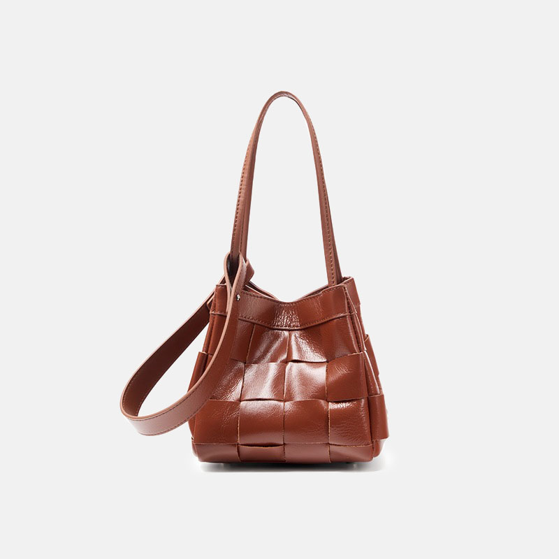 Women's Cracked Oil Wax Full-Grain Leder Crossbody Schulter Woven Bucket Handtasche