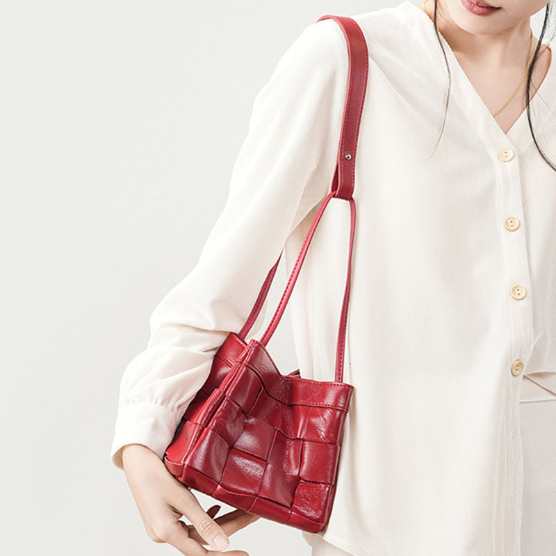 Women's Cracked Oil Wax Full-Grain Leder Crossbody Schulter Woven Bucket Handtasche