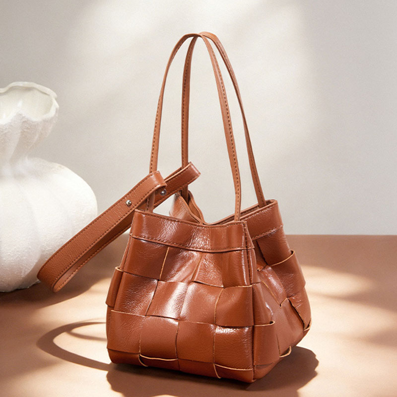 Women's Cracked Oil Wax Full-Grain Leder Crossbody Schulter Woven Bucket Handtasche
