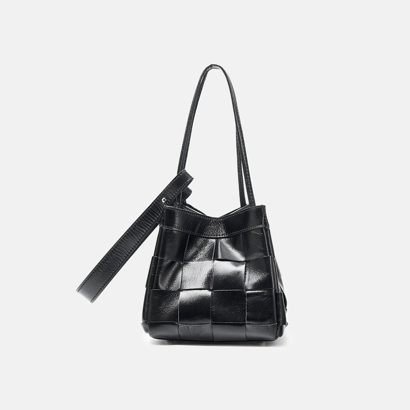 Women's Cracked Oil Wax Full-Grain Leder Crossbody Schulter Woven Bucket Handtasche