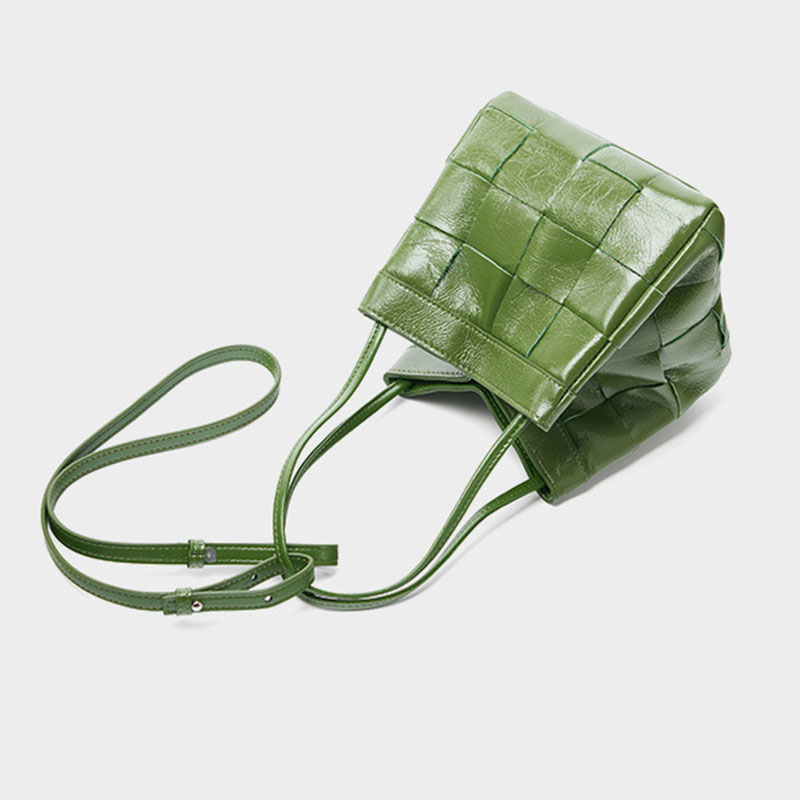 Women's Cracked Oil Wax Full-Grain Leder Crossbody Schulter Woven Bucket Handtasche