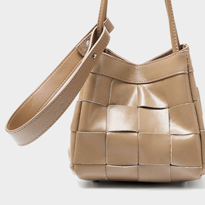 Women's Cracked Oil Wax Full-Grain Leder Crossbody Schulter Woven Bucket Handtasche