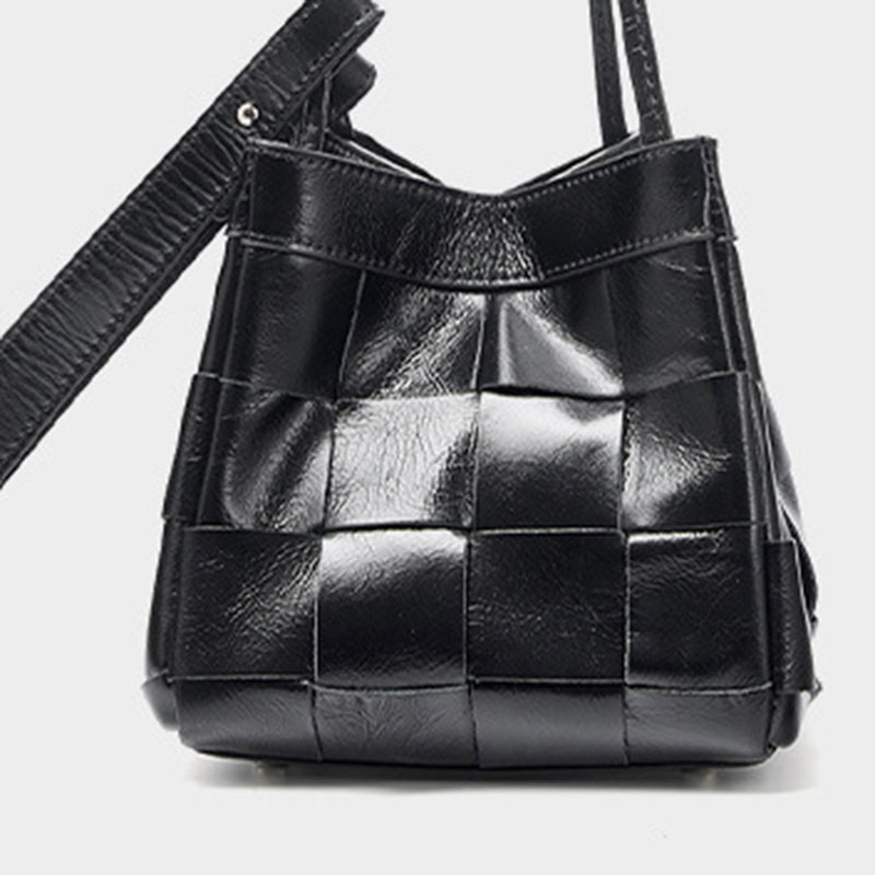 Women's Cracked Oil Wax Full-Grain Leder Crossbody Schulter Woven Bucket Handtasche