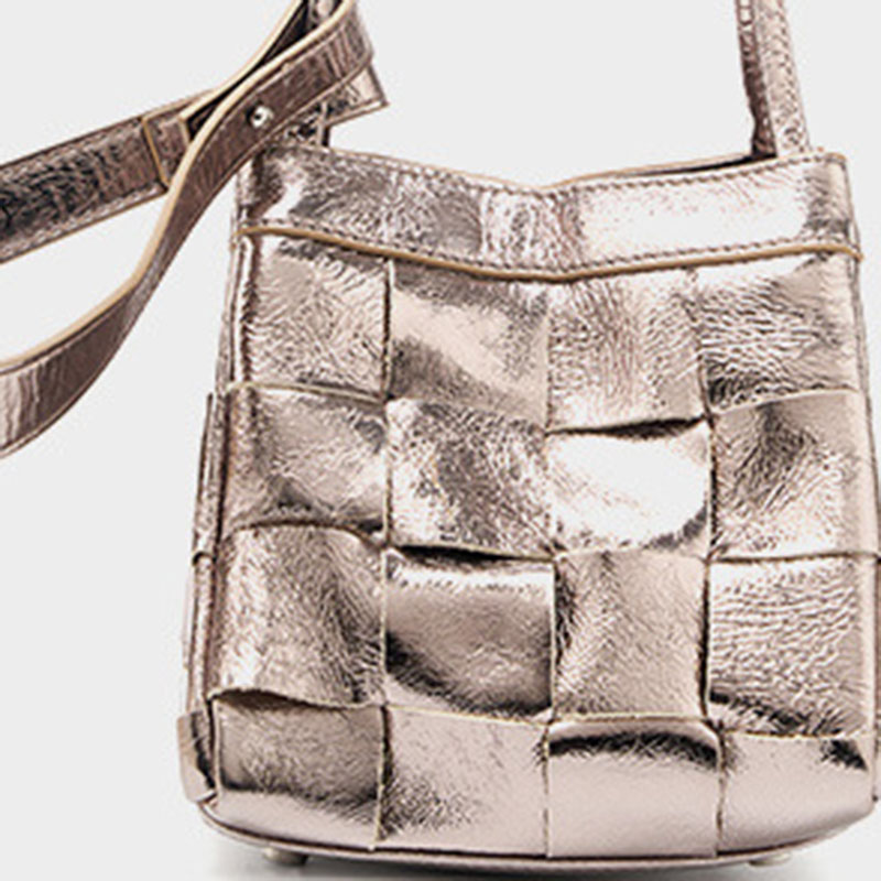 Women's Cracked Oil Wax Full-Grain Leder Crossbody Schulter Woven Bucket Handtasche