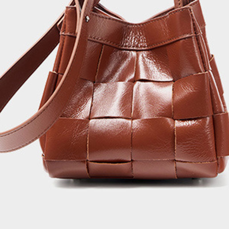 Women's Cracked Oil Wax Full-Grain Leder Crossbody Schulter Woven Bucket Handtasche