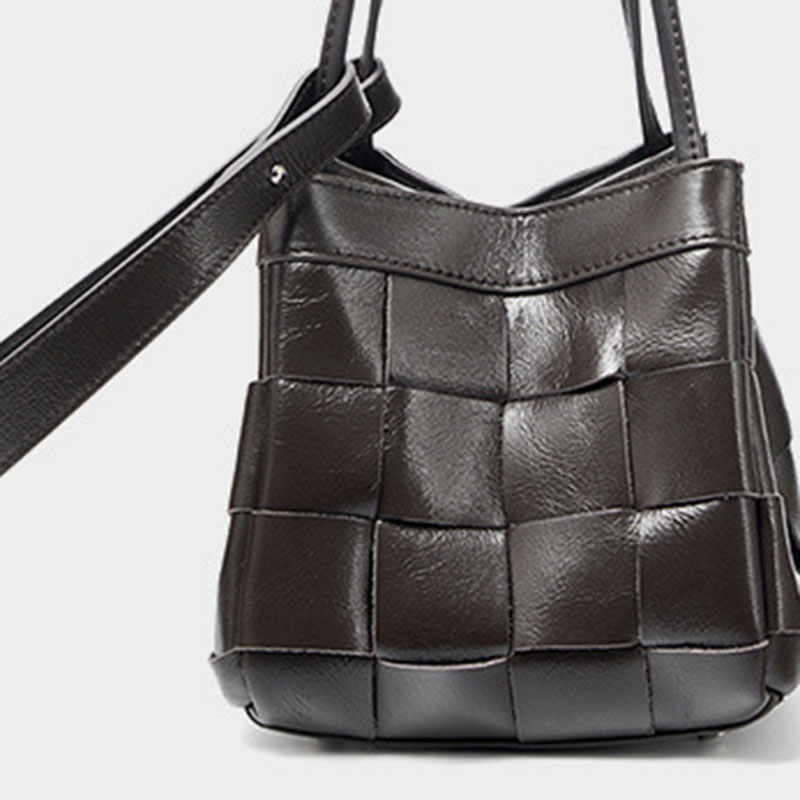 Women's Cracked Oil Wax Full-Grain Leder Crossbody Schulter Woven Bucket Handtasche